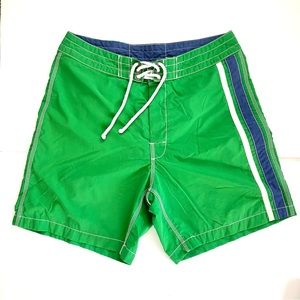 J. Crew Mens Original Swim Trunks rear Pocket. Green & blue/white stripe Sz 30